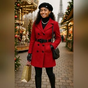 Preppy Red Women Small Retro Baddie Y2K Classic Wool Midi Pea Coat